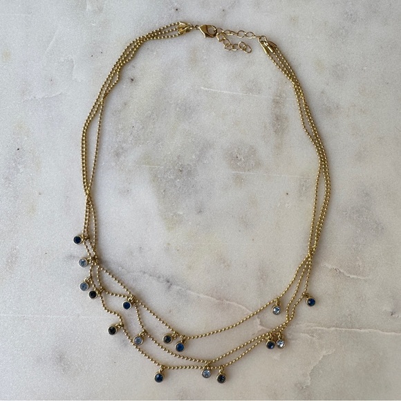 Gold Triple-Layer Beaded Necklace With Blue Crystals - Picture 2 of 6
